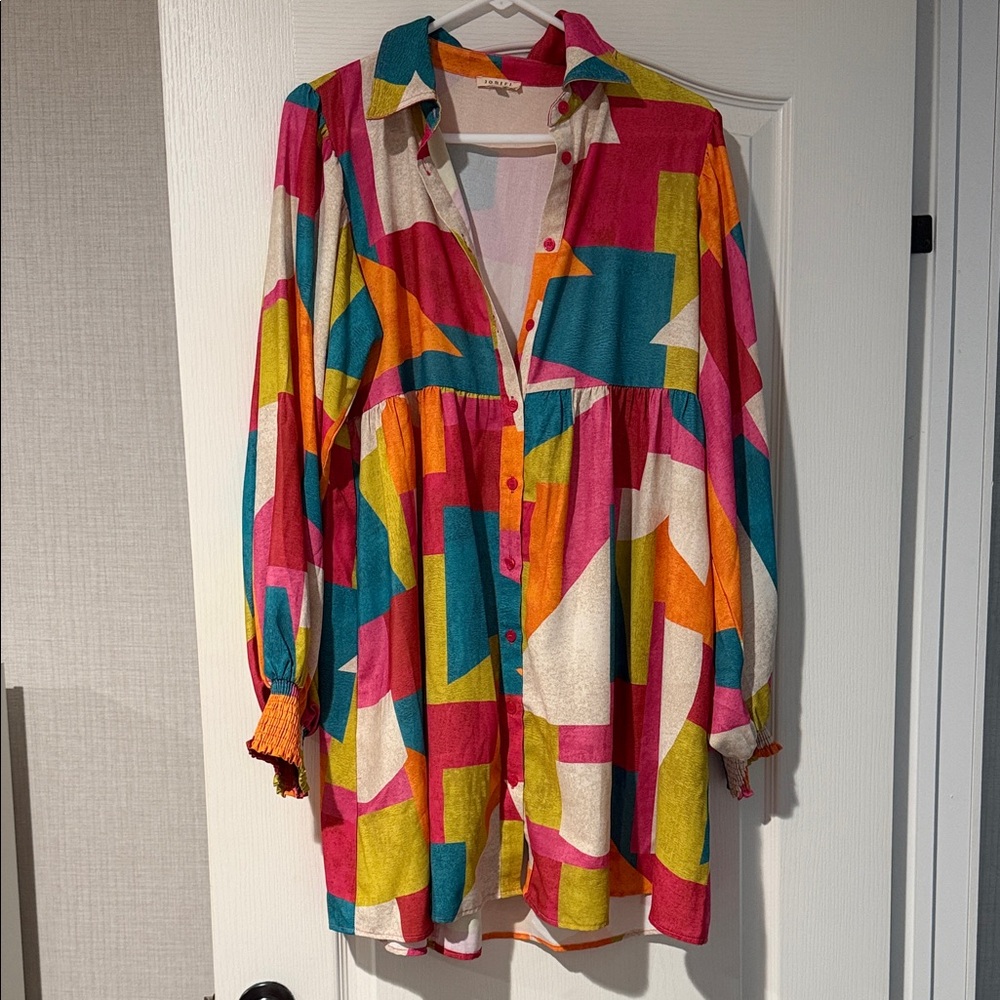 Colorful Geometric Button-Up Dress